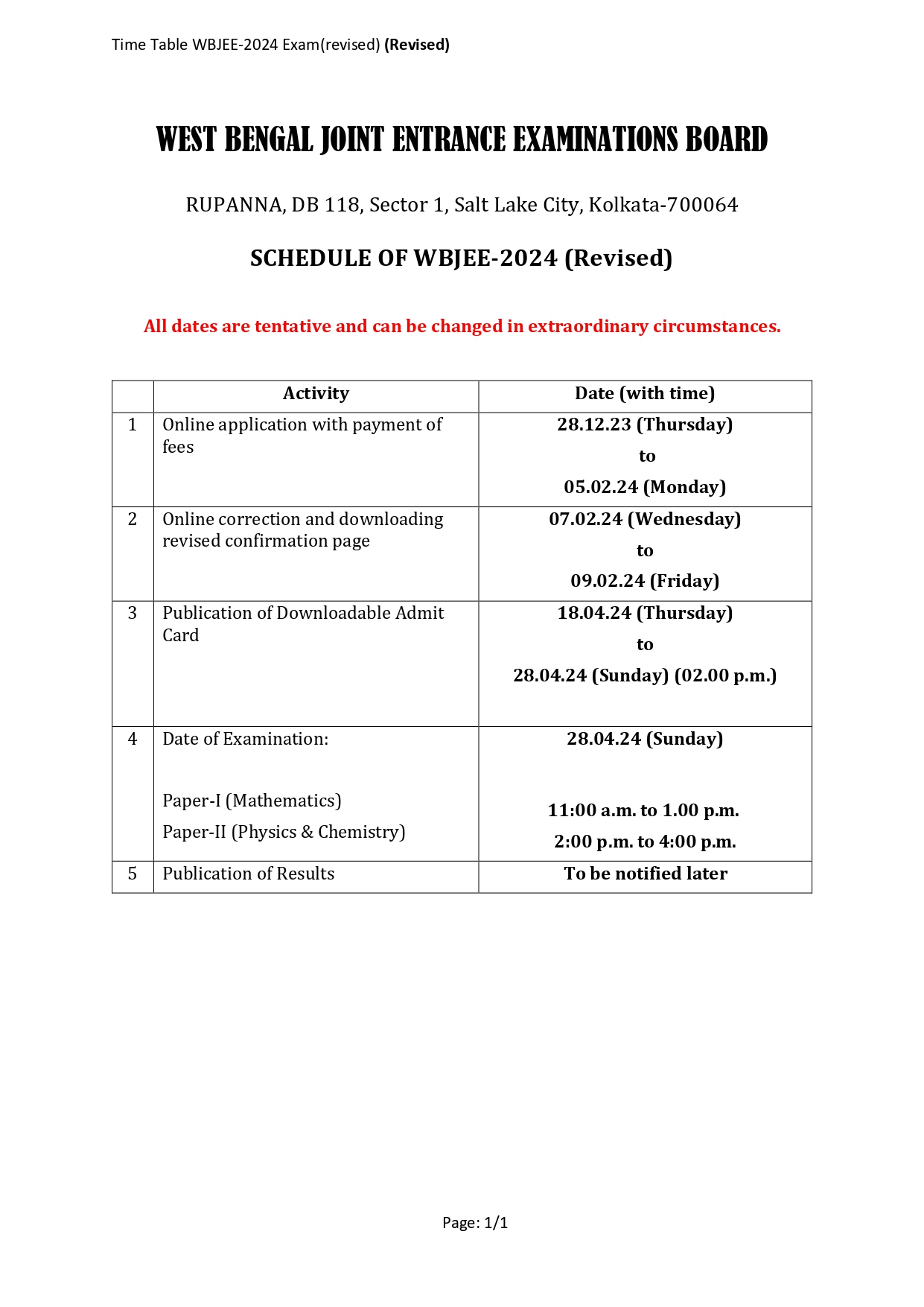 WBJEE Exam Revised Schedule uploaded